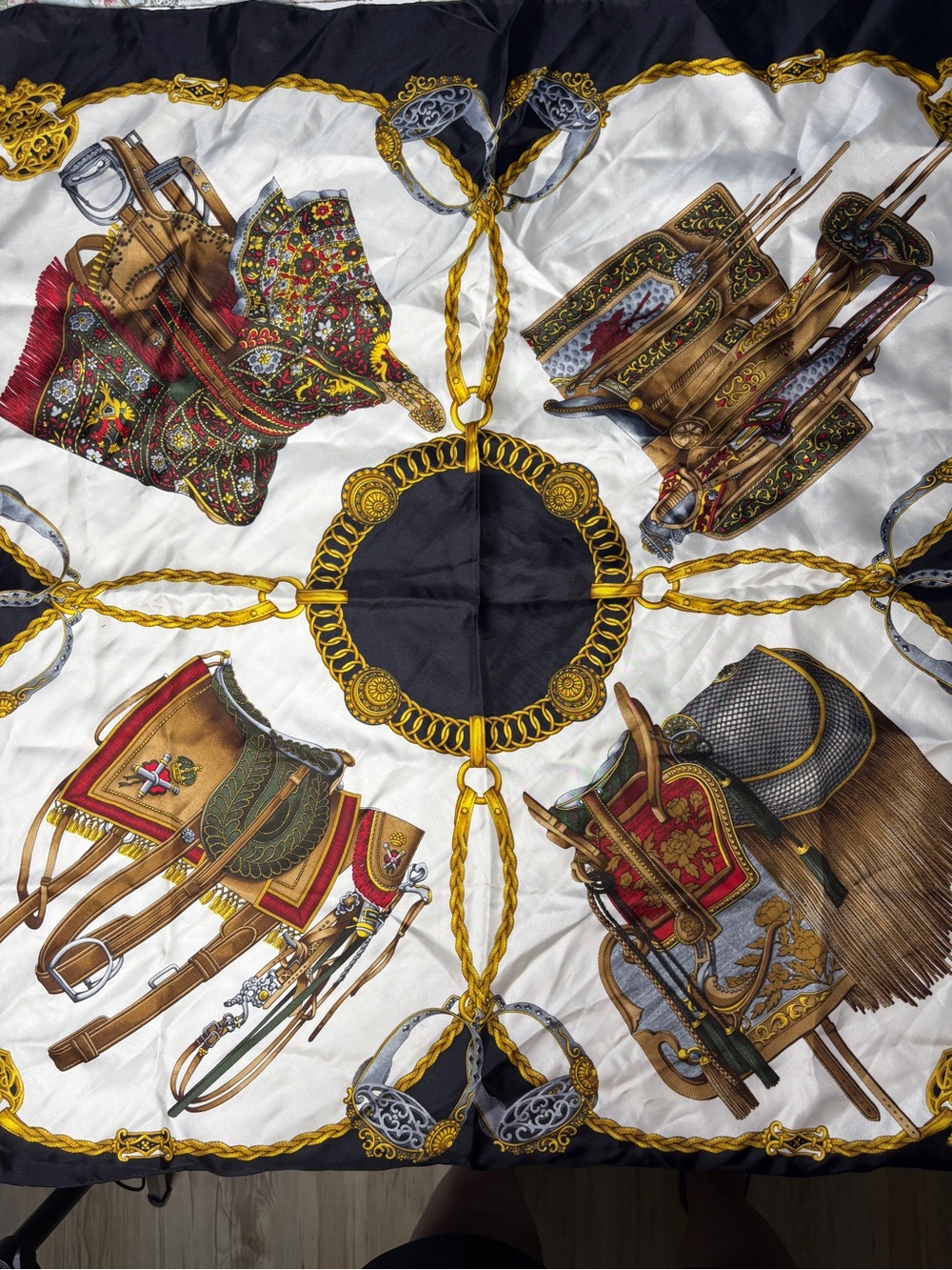 Vintage Equestrian themed silk scarf with Colorful Saddles